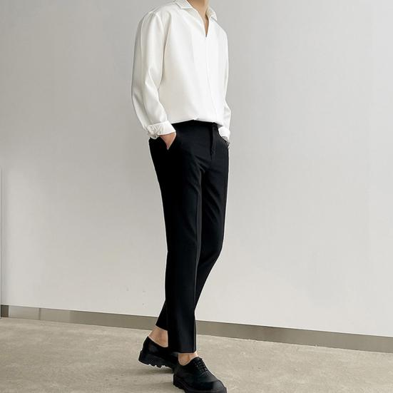 Мужская рубашка весна-осень с V-образным вырезом и лацканами, официальная офисная рубашка, шелковистая свободная прямая рубашка-пуловер, деловой топ для свиданий и вечеринок