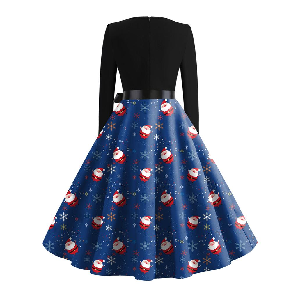 Женское рождественское платье с расклешенным принтом и длинным рукавом с круглым вырезом, вечерние повседневные платья