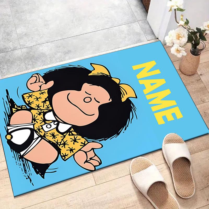 Custom Mafalda Mat Personalized Name, Polyester Washable Indoor Entryway Rug, Gift for Christmas, Easter, Thanksgiving Day