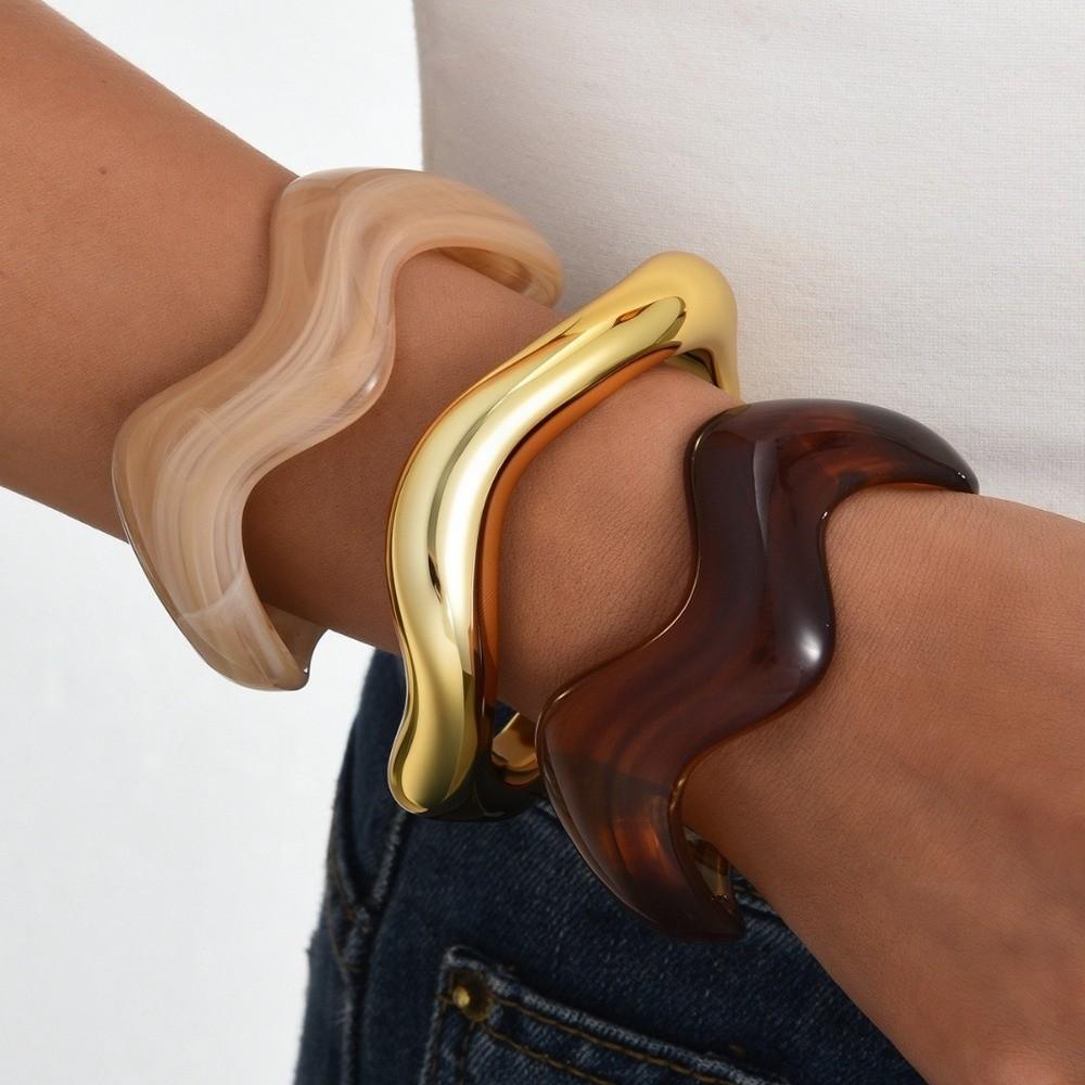 3Pcs/ Set Gold Wide Open Bangle Resin Exaggerated Bracelets Temperament Wavy Cuff Bangles Girls