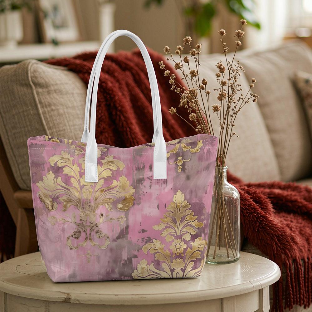 Vintage Pink Golden Pattern Tote Bag Elegant Portable Casual Daily Handbag for Women Shopping Travel