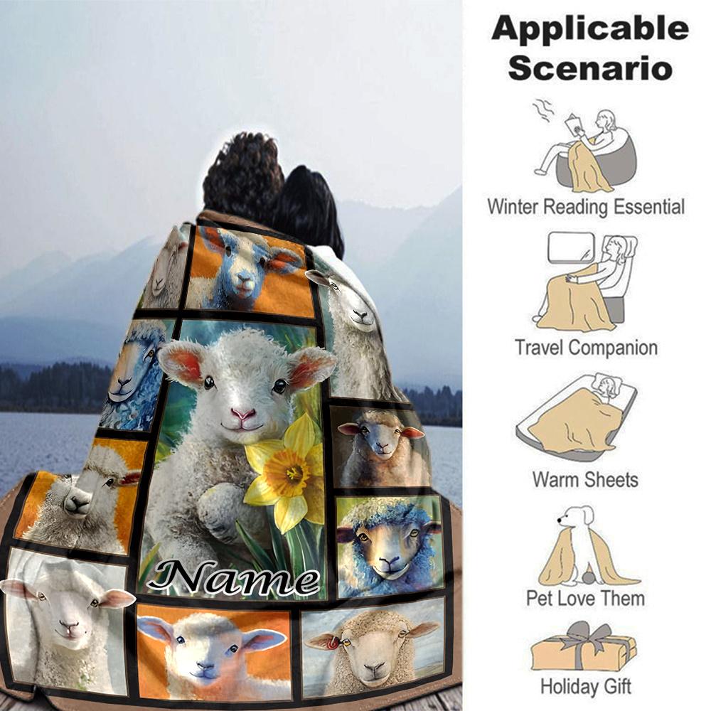 Sheep Collage With Daffodil Flower And Personalized Name Throw Customizable Blanket Customize Text Comfortable Versatile For Sofa Couch Office Bed