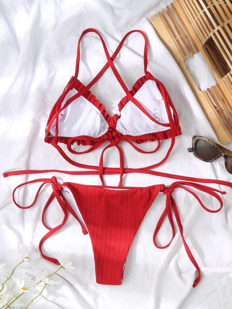 Женский сексуальный розовый купальник из двух частей с завязками по бокам, пляжная одежда, комплект бикини