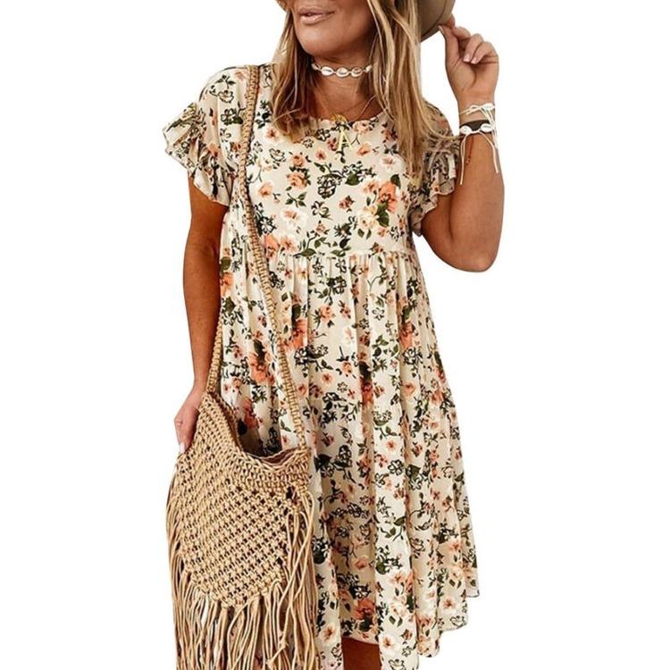 Short Sleeve Summer Dress Women Boho Floral Printed Sundress Beach Holiday Midi Dresses