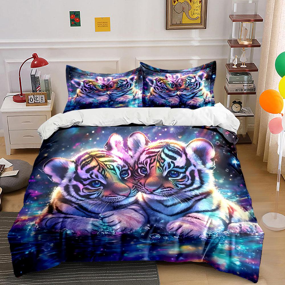 Colorful Tiger Cubs in Water Bedding Duvet Cover Set (1*Duvet Cover 2*Pillowcases, without duvet insert)