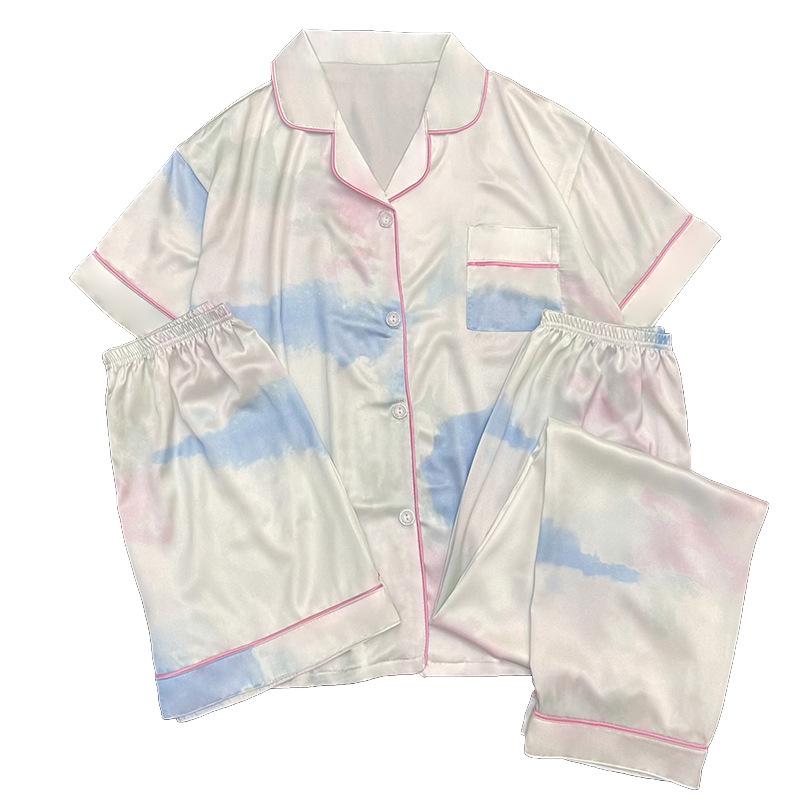 Pajamas three-piece summer ice silk short-sleeved blue pink smudged girls can wear cardigan loungewear