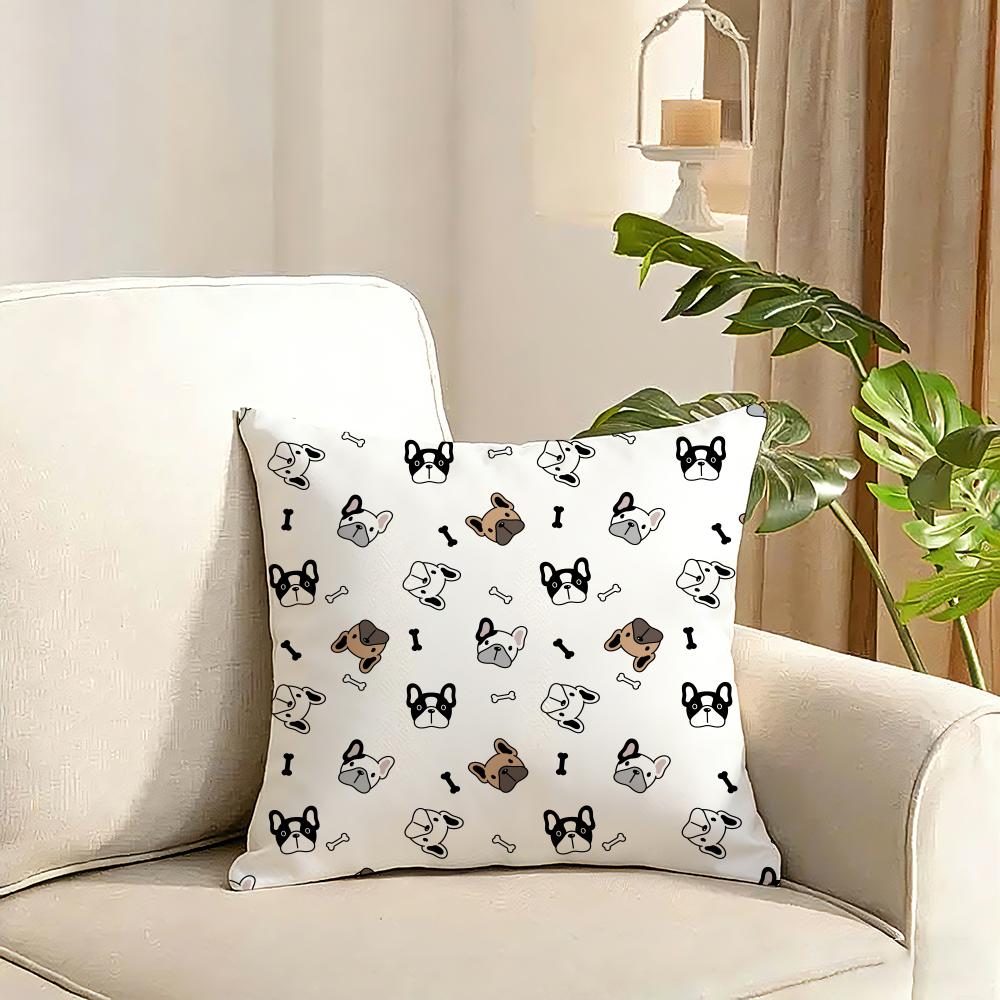 Cartoon French Bulldog Pattern Cushion Cover Reversible Plush Pillow Cover Soft Fluffy Home Decor for Sofa Bedroom