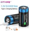 Cityork 1.5V 15000 mWh D Size Rechargeable Battery USB Charging Lithium LR20 Battery for Gas Stove Flashlight Water Heater with USB Cable