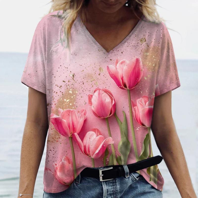 Fashion Tulip 3D Printed Women's T-shirt Summer Casual Flower V-neck Shirt Vintage Harajuku Women's Plus Size Top T-shirt