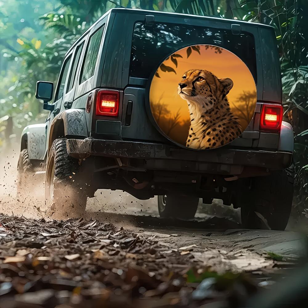 A Durable Polyester Tire Cover With A Leopard Print Design, Suitable For Both Indoor And Outdoor Use, Featuring A Vibrant Sunset