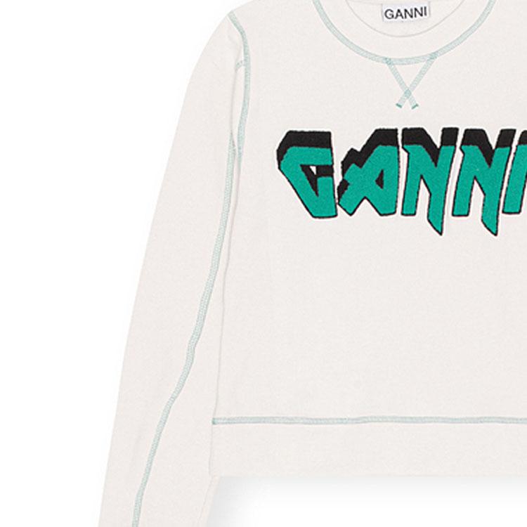 Ganni Ss23 Letter Logo Print Color Block Stitch Design Round Neck Sweatshirt Women sweatshirt White T3459-135