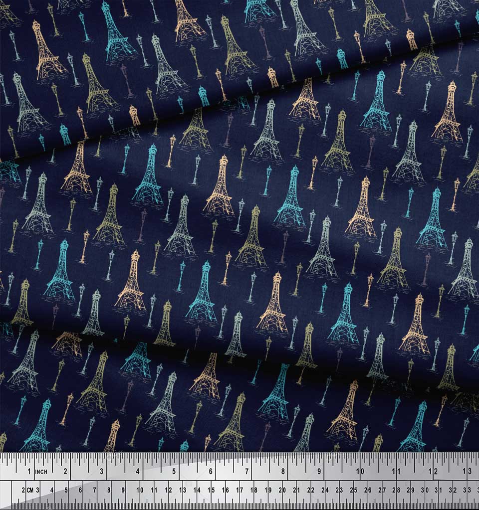 Soimoi Синяя японская креп-сатиновая ткань уличный фонарь и ткань с архитектурным принтом Эйфелевой башни по метрам 42 дюйма