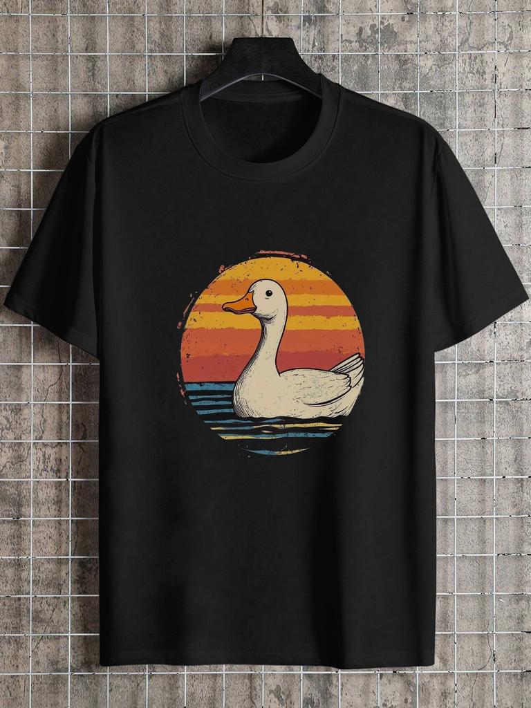 1pc Vintage Duck Sunset Graphic T-shirt - 180g Cotton Crew Neck Short Sleeve Tee with Retro Geometric Print