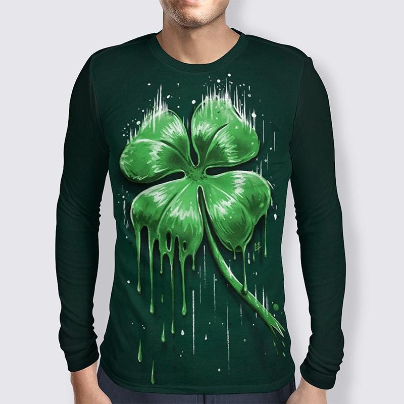 Lucky Grass Clovers 3D Graphic Tee Shirt Funny Pattern Designer Tshirt Men Autumn Fashion Casual Round Neck Long Sleeves Tee