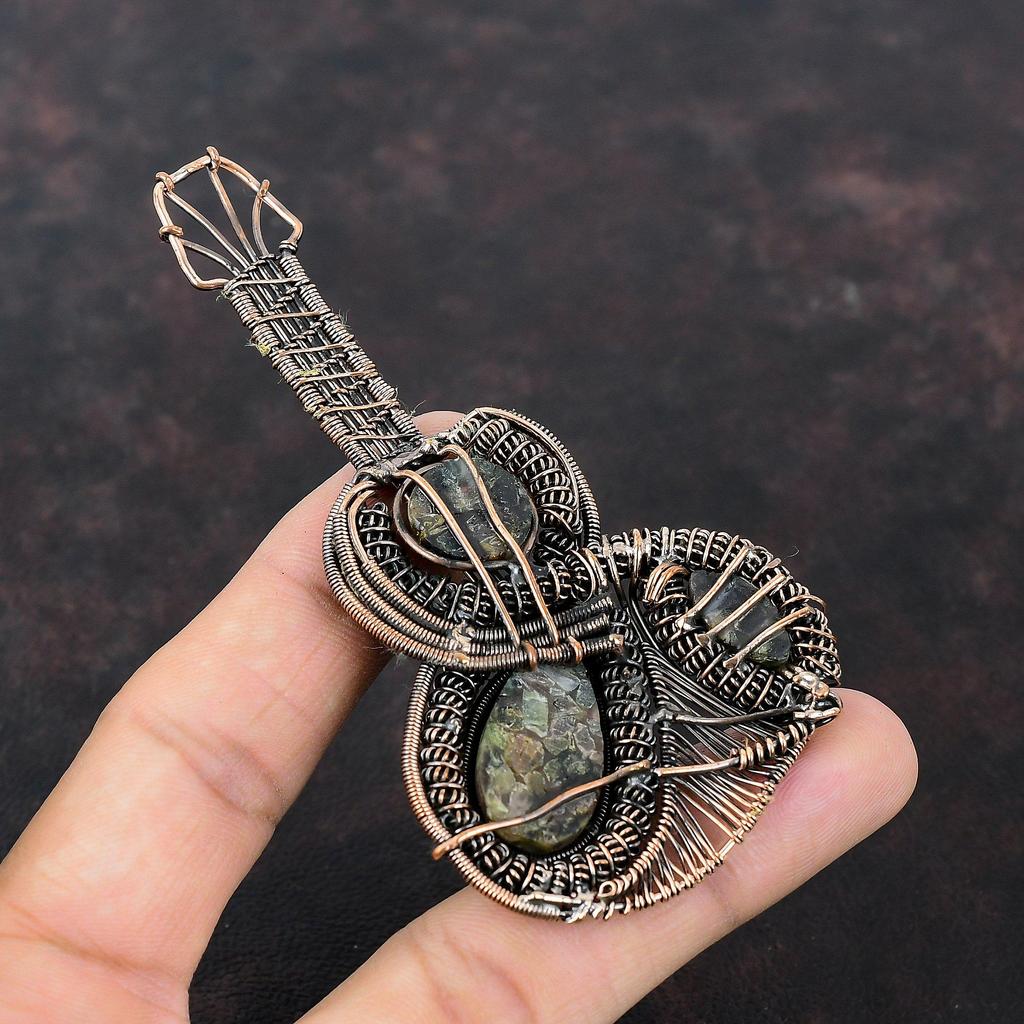 Подвеска с арбузным турмалином, медная проволочная обертка, ювелирное изделие, подвеска с драгоценными камнями, гитара, медная подвеска, ювелирное изделие ручной работы, проволочная обертка, кулон для подарка