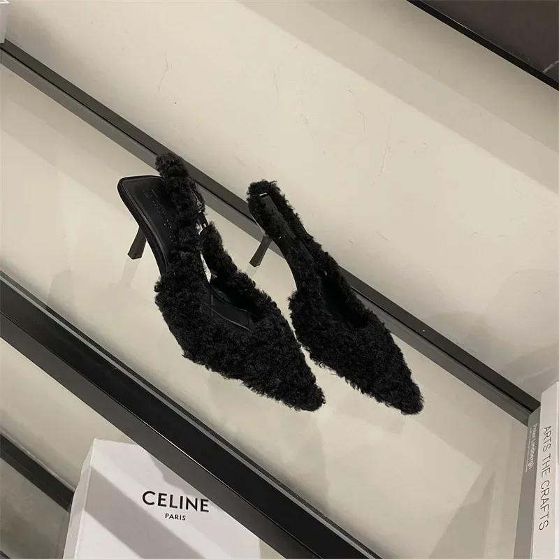 Плюшевые шлепанцы на высоком каблуке, женские модные элегантные тапочки с острым носком из овечьей шерсти, женские роскошные плюшевые вечерние туфли-лодочки, 2024