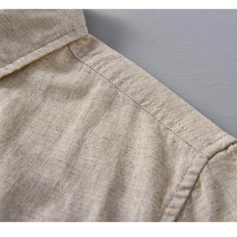 Летняя рубашка Мужская повседневная рубашка с коротким рукавом Однотонная рубашка с отложным воротником из хлопка и льна Мужские топы Простой стиль Мужская одежда Дышащая