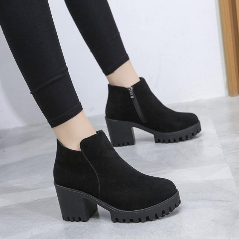 Короткие сапоги на грубом каблуке для женщин с круглым носком, молнией сбоку, толстой подошвой, высокие каблуки для женщин, ботинки Martin