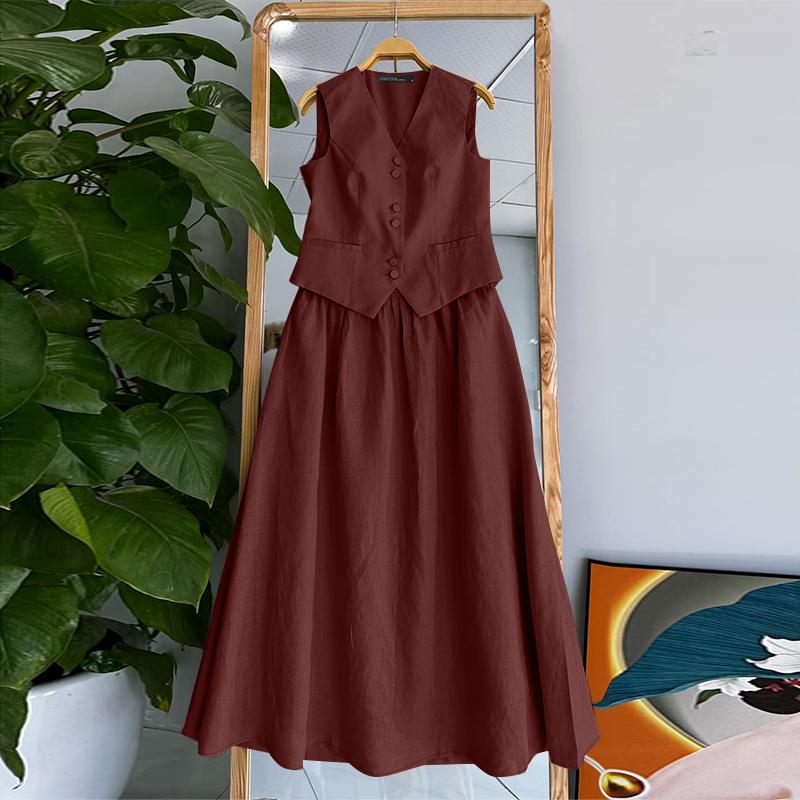 ZANZEA Женские летние комплекты из однотонных маек с V-образным вырезом и юбки А-силуэта