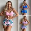 2Pcs/Set V-neck Drawstring Solid Color Printing Bikini Set Women Sling Bra High Waist Shorts Set Bathing Suit Beachwear