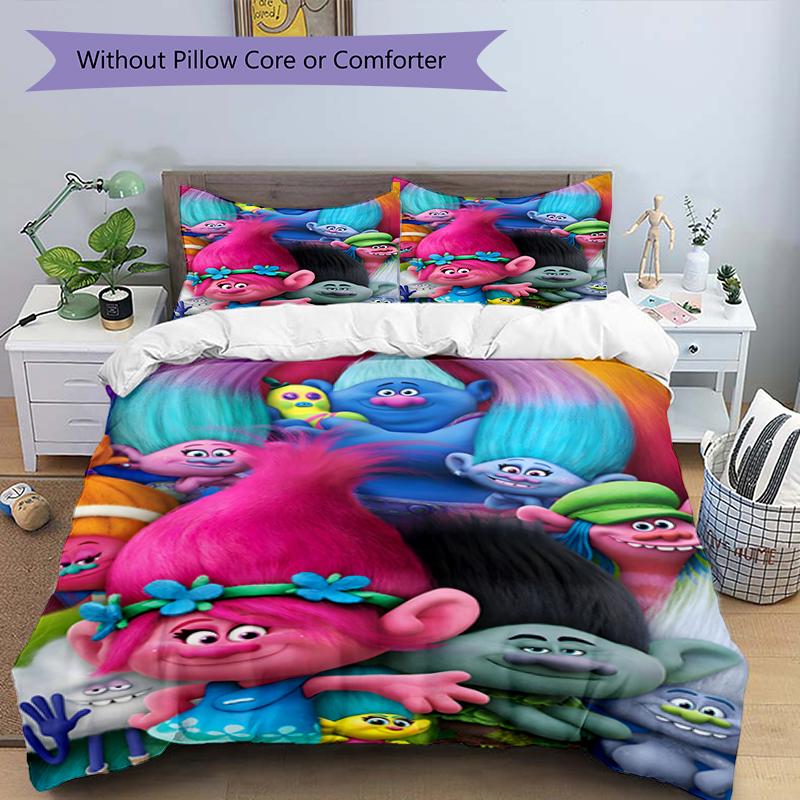 3pcs Trolls Design Cover Set - HD Printed Bedding with 1 Cover and 2 Pillowcases - Perfect for Home and Dorm Decor