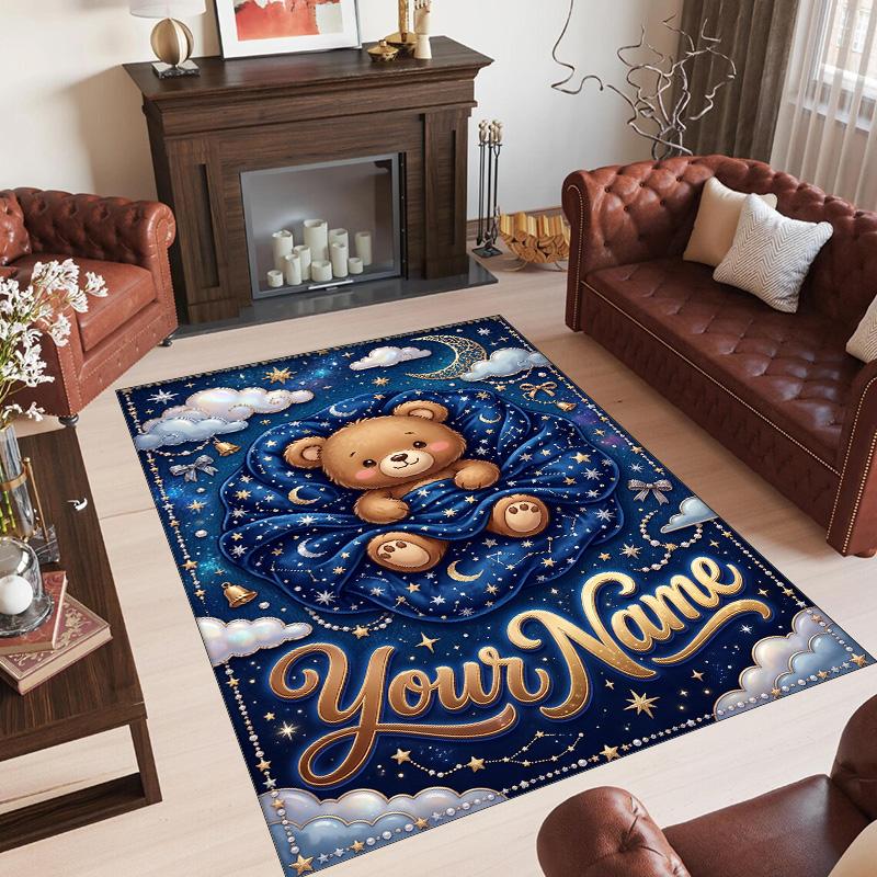 Teddy Bear Theme Crystal Velvet Rug Personalized Custom Name Text Soft Floor Mat Home Decor
