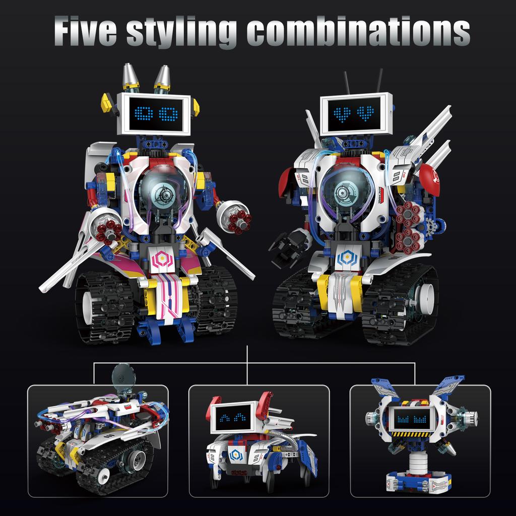 Moc 603Pcs 5 In 1 Electric Rc Intelligent Screen Led Rabbit Robot Rocket Car Mechanical Dog Diy Building Block Children'S Toy