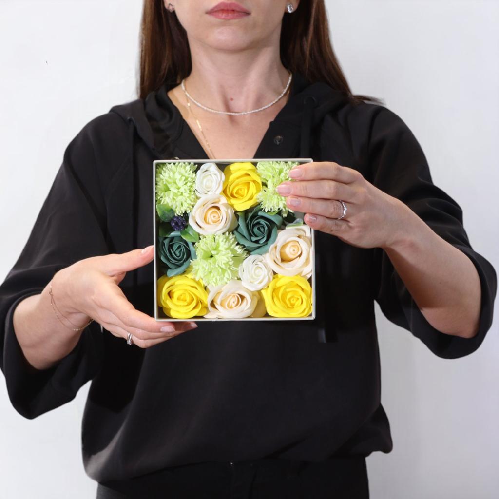 Soap Flowers Square Box, Yellow and Green