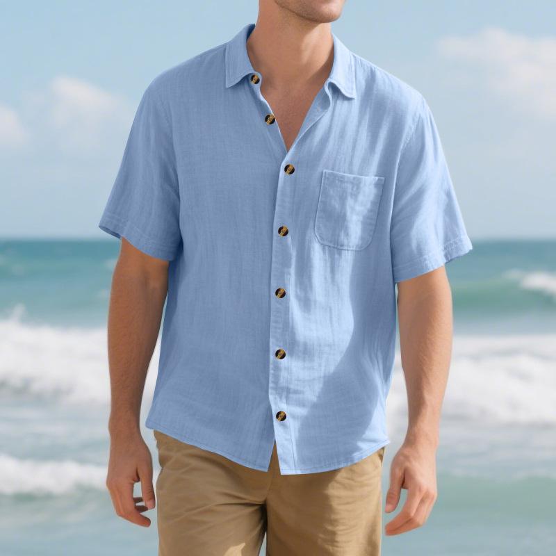 Мужская свободная повседневная однотонная льняная рубашка с коротким рукавом на пуговицах с нагрудным карманом