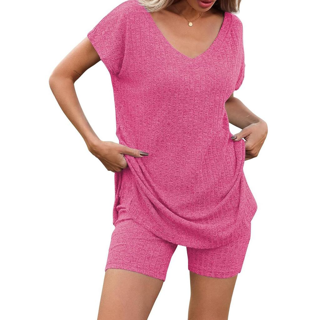 Женский летний комплект из двух частей с шортами, трикотажный домашний спортивный костюм с V-образным вырезом