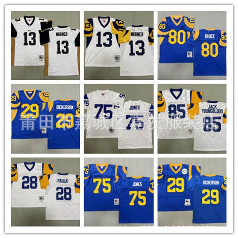 Mens Retro Rams Football Jersey Vintage Style Embroidered Training Uniform American Fans