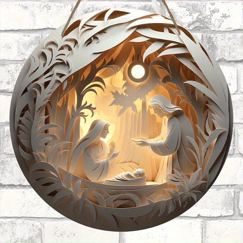 5 шт. Деревянный рождественский вертеп - 2D рельефный рождественский Иисус, семья, круглый настенный декор, не требует питания, подарок на христианский праздник