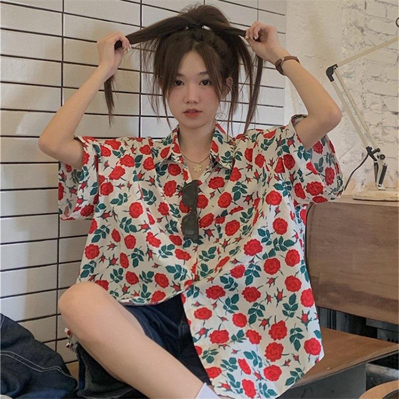 Printed women's shirt-fashionable button design-loose casual shirt