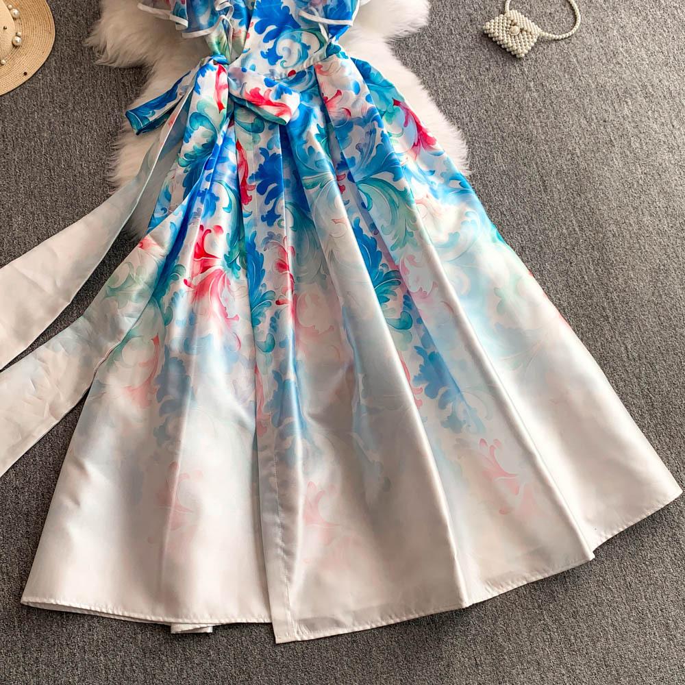 Элегантные длинные платья с цветочным принтом для женщин, летние, праздничные, с рукавами-рюшами, цельные, запашные, с V-образным вырезом, винтажные, ретро, вечерние