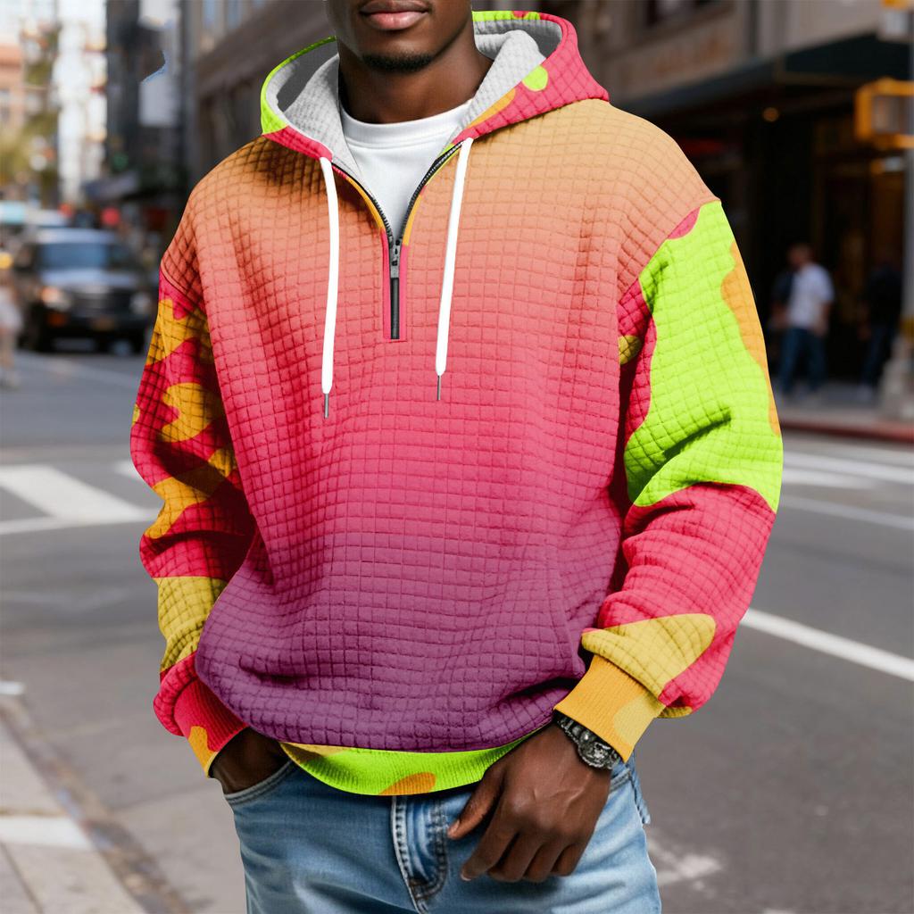 Мужской худи-пуловер в клетку с капюшоном на молнии до середины, со шнурком и принтом, повседневная спортивная толстовка