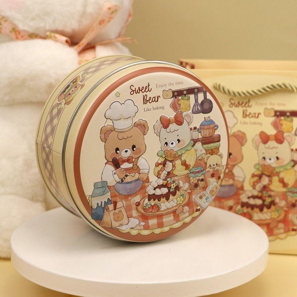 Cartoon Pattern Candy Storage Box Round Cookie Tin Box Cute Jewelry Storage Case Baking Packaging