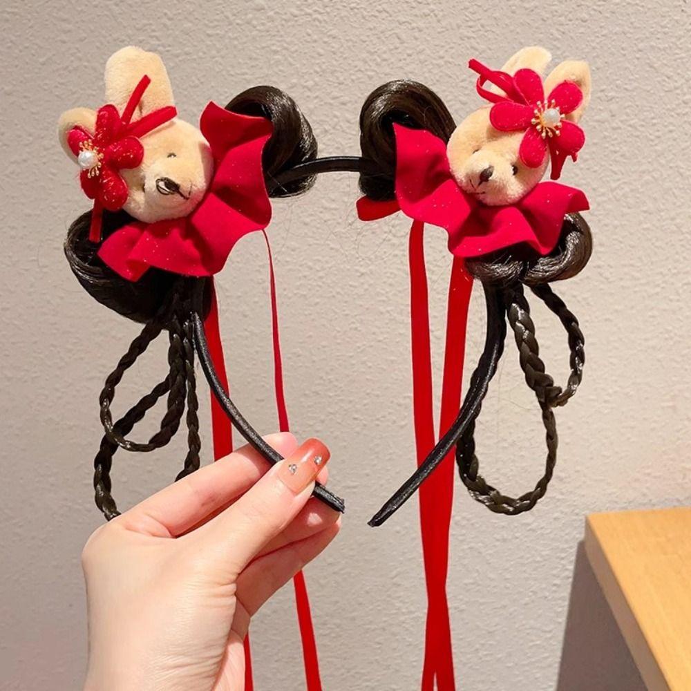 Braid Hair Chinese New Year Headwear Flower Hanfu Hair Sticks All-match Red Bow Hairband Girls
