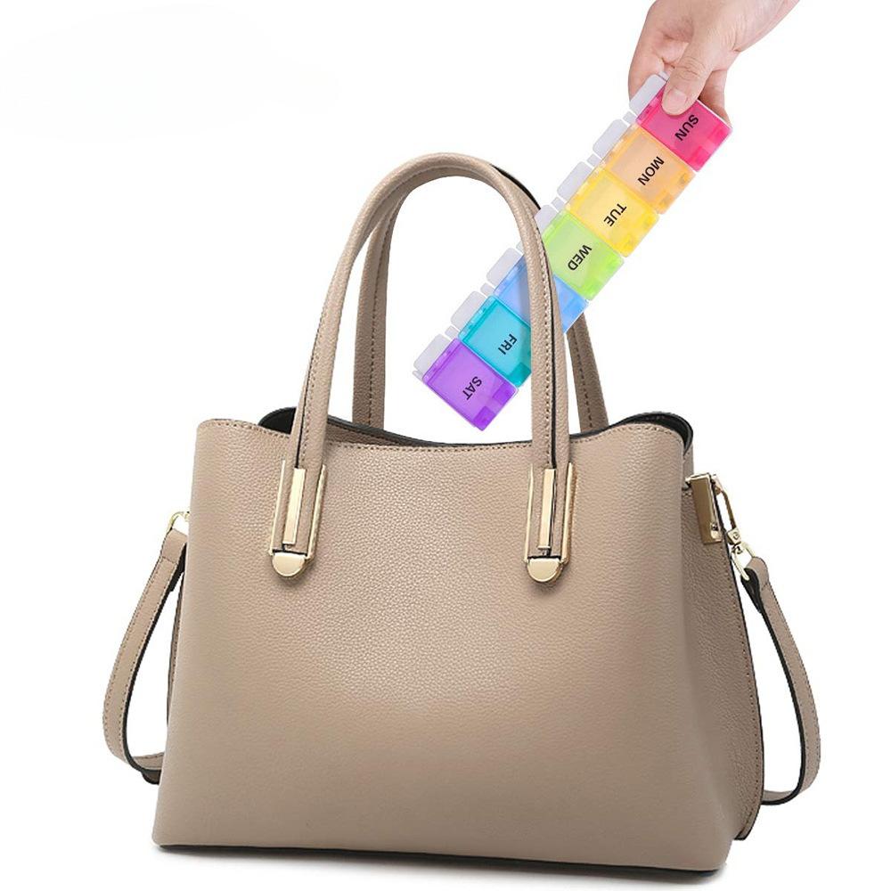 Weekly pill organizer for arthritis patients, BPA-free, spring-open design, with space for vitamins, cod liver oil,