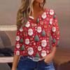 Women's Fashionable Casual Christmas Printed V-neck Three-quarter Sleeve Decorated Button Top