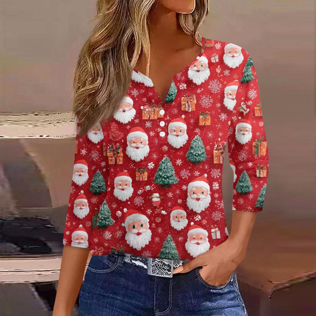 Women's Fashionable Casual Christmas Printed V-neck Three-quarter Sleeve Decorated Button Top