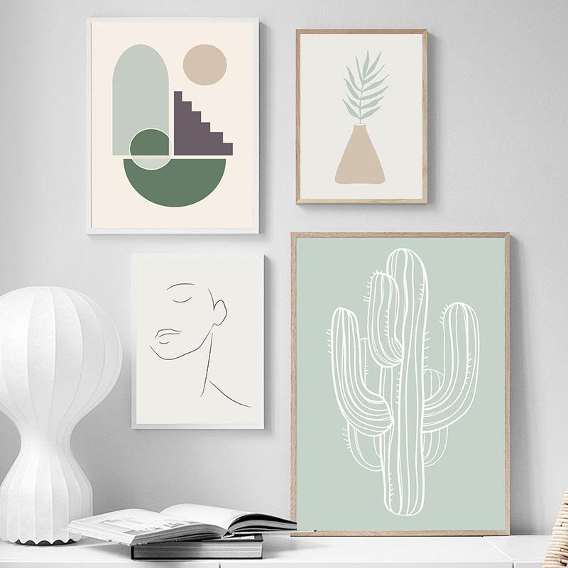 Линейный рисунок, постер с принтом, девушка, листья, светло-зеленый, настенная картина, абстрактный минимализм, холст, картина для домашнего декора стены