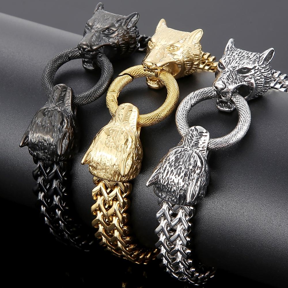 Norse Viking Wolf Head With Square Franco Link Chain Bracelet for Men Stainless Steel Men's Bracelets Masculine Jewelry Gifts