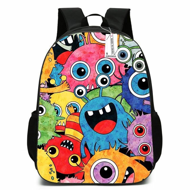 Kids School Backpack Boys Girls - Cute Cartoon Monster Design Lightweight Oxford Fabric Breathable Padded Straps Grade