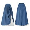 Women Lace Stitching Side Pleated Maxi Skirt Solid Color Double Layer Long Skirt Elastic High Waist Retro A Line Skirt