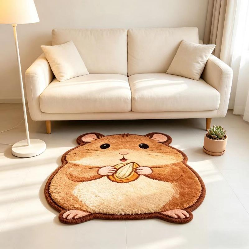 Irregular Hamster Shaped Rug Cute Chubby Hamster Holding Sunseed Fluffy Plush Non Slip Bedroom Bedside Floor Mat