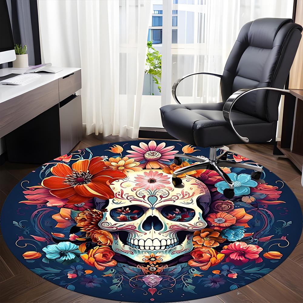 1pc Sugar Skull Flowers Office Round Area Rug, Under Office Chairs Bedroom Living Room Home Decor, Room Deco, Available in Various Sizes
