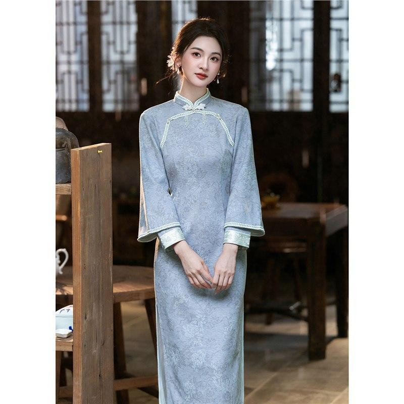 Blue autumn and winter new Chinese style new 1011 particularly beautiful waist cheongsam women's high-end sheep down double-sided printing