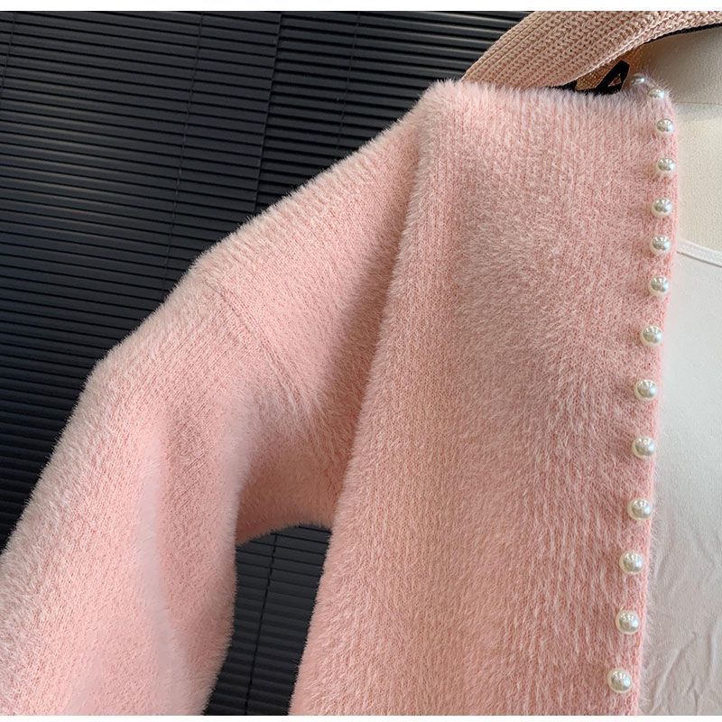 Women's Mink Fleece Cardigan Jacket Autumn and Winter Midi Beaded Knitted Cardigan Loose Casual Over-the-knee Knitted Sweater Coat