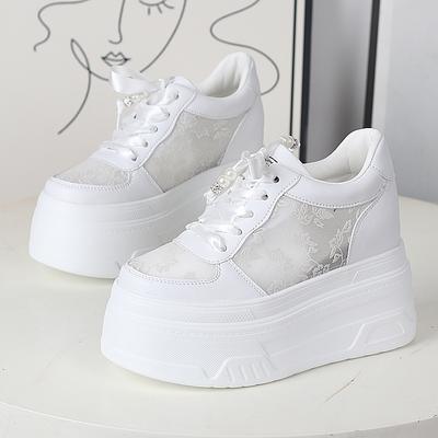 Мода 12 см Воздушная сетка Натуральная кожа Лофер Платформа Тапочки Удобные Массивные Кроссовки Полые Женские Сандалии Вулканизированная Летняя Обувь