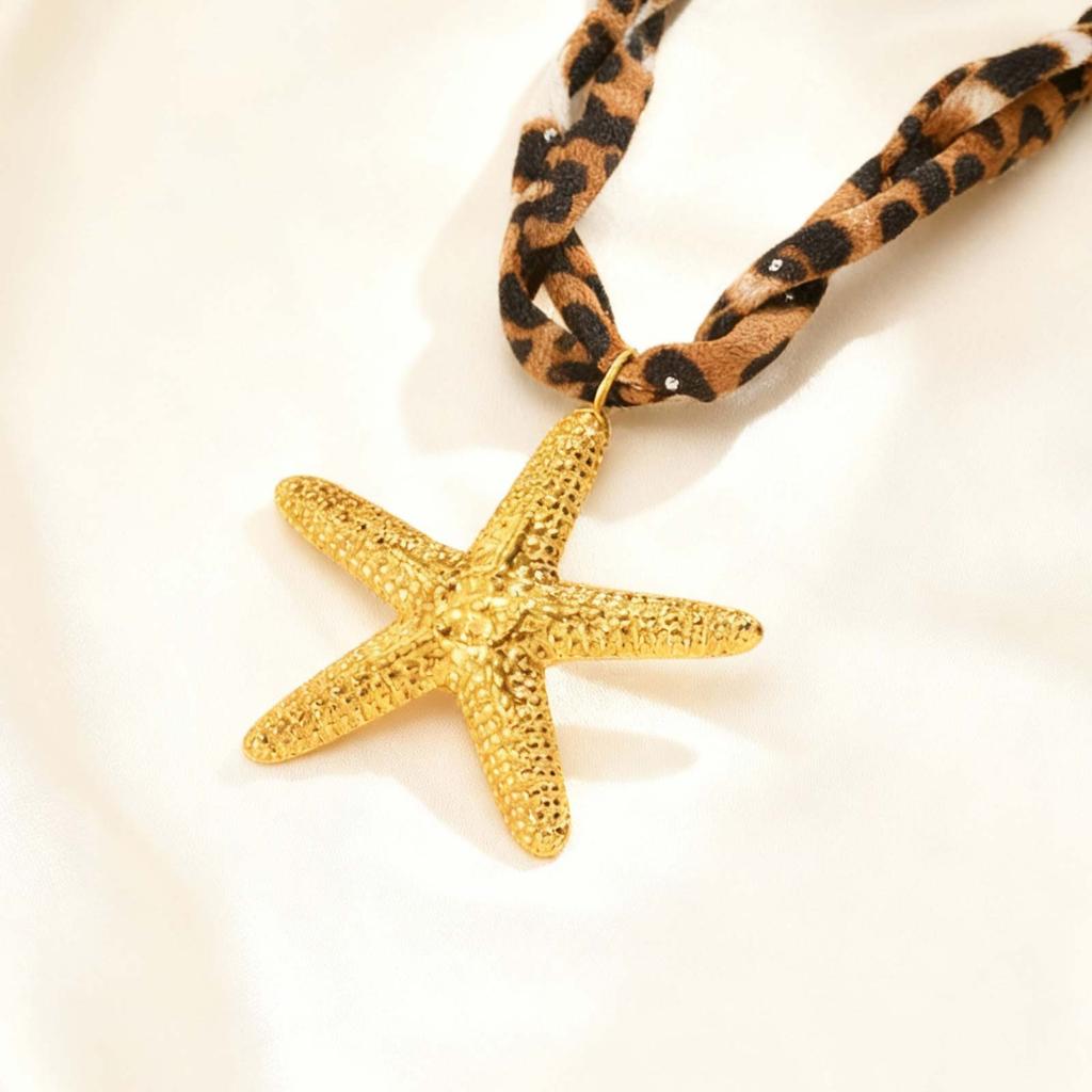 Fashion Creative Leopard Print Velvet Chain Necklace Stainless Steel Starfish Pendant Neck Choker Charm Jewelry for Women